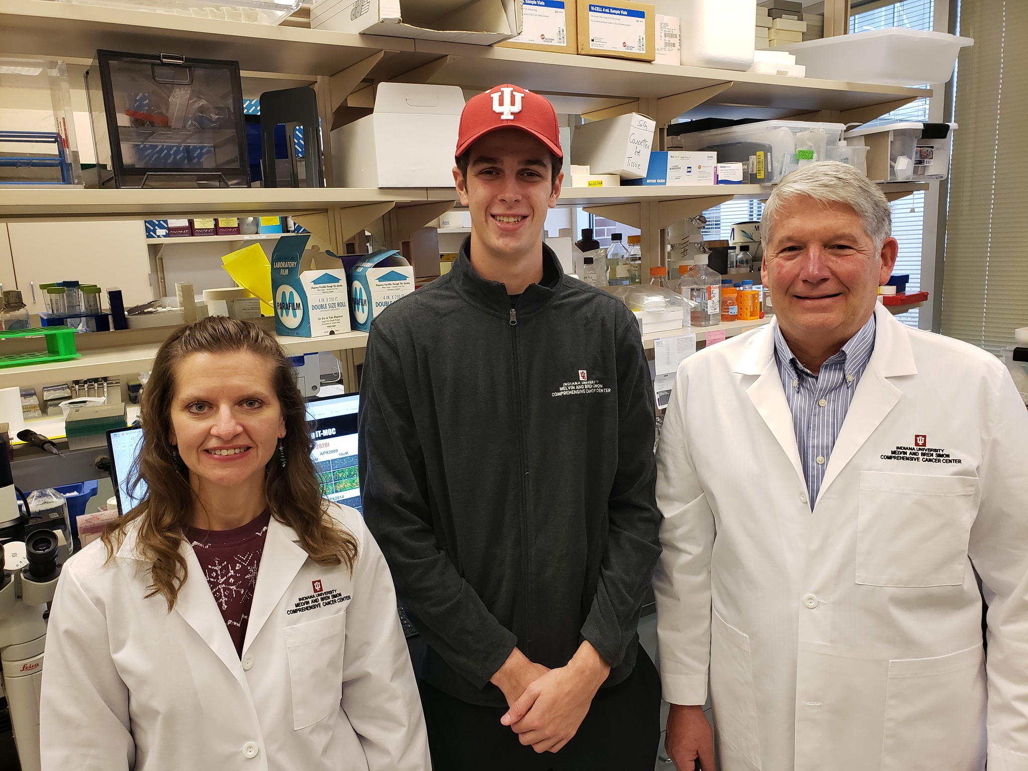 Jackson Lee of Jackson Lee Racing met IU Simon Comprehensive Cancer Center researchers Melissa Fishel, PhD, and Mark Kelley, PhD, in their labs to learn about their work, which primarily focuses on pancreatic cancer.