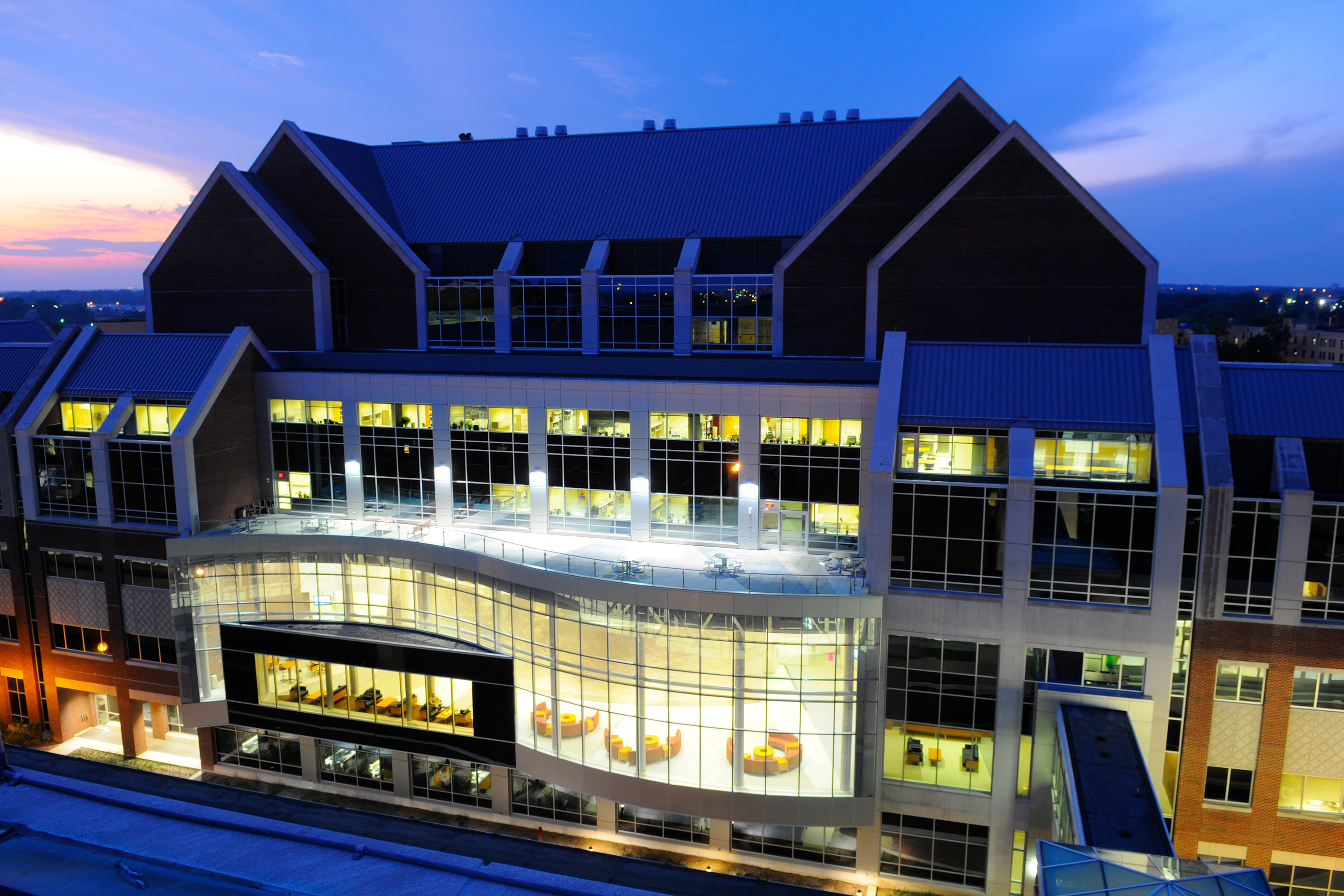 A night view of Walther Hall, which houses many cancer center research labs.